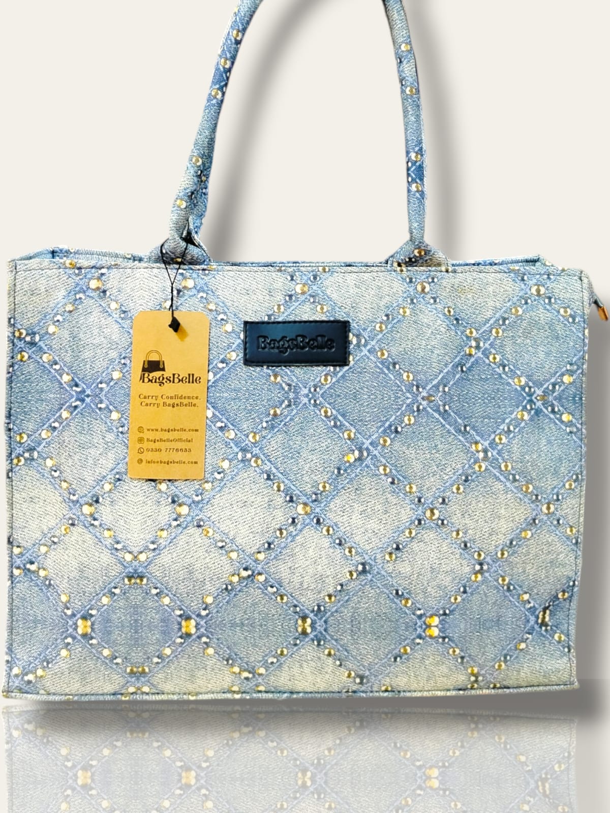 Denim-Inspired Studded Canvas Tote Bag