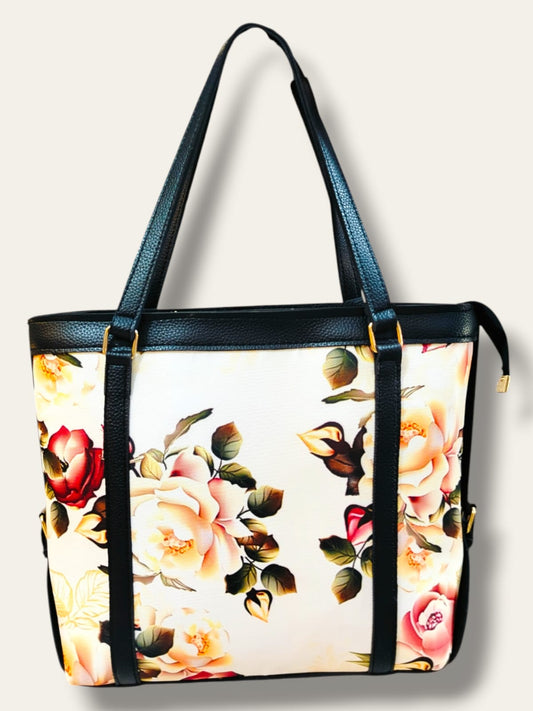 Elegant Floral Printed Canvas Tote Bag – Black Rexine Trim