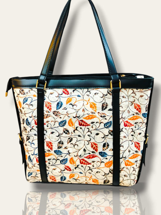 Printed Canvas Tote Bag – Floral Leaf Design with Rexine Accents