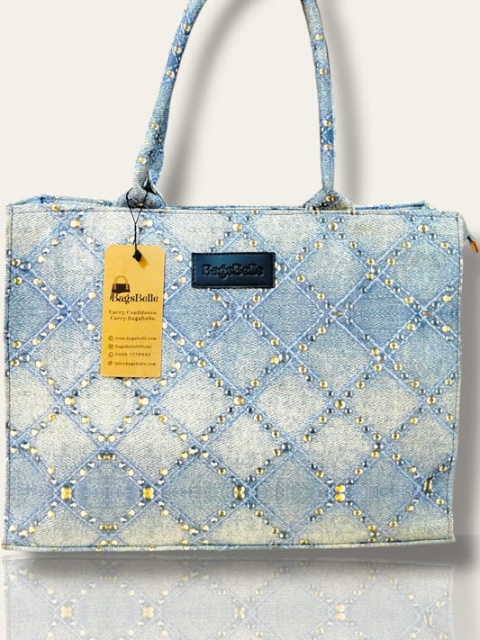 Denim-Inspired Studded Canvas Tote Bag